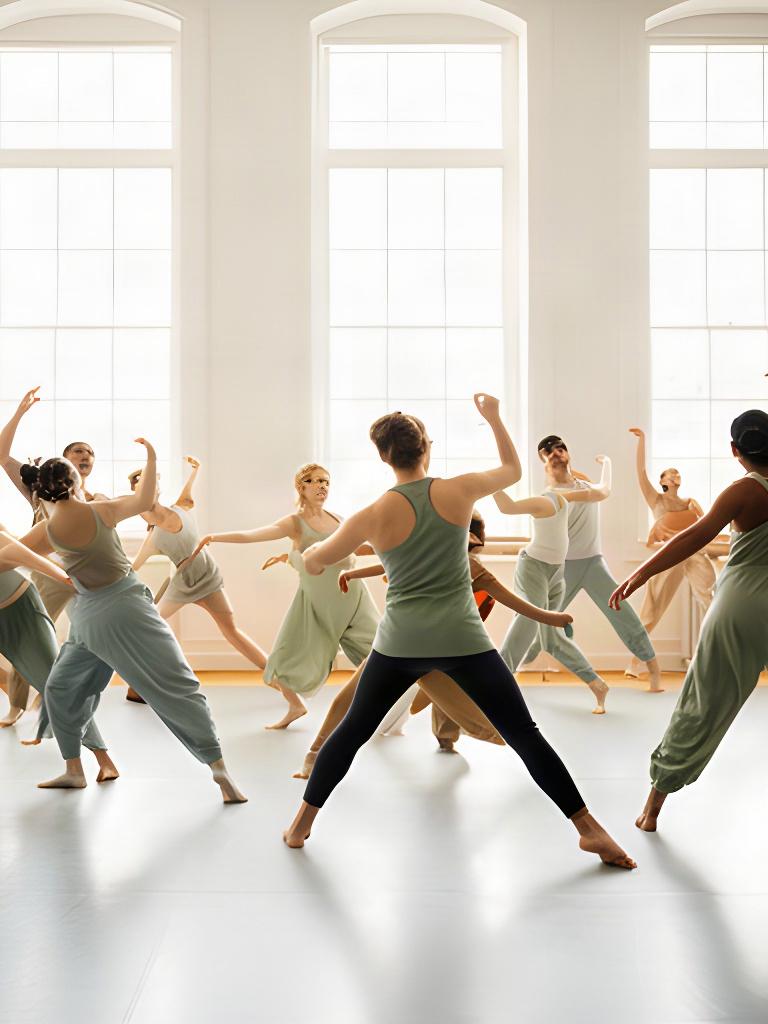 Grupo de edades diversas ensayando una secuencia de danza junto a grandes ventanales