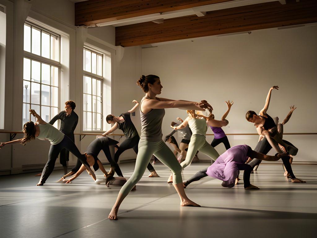 Grupo de bailarines explorando relaciones entre cuerpo y espacio en un taller intensivo